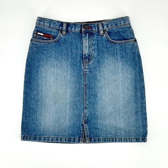 Vintage Y2K Tommy Hilfiger Front Slit Medium Wash Denim Mini Skirt - Picture 1 of 10